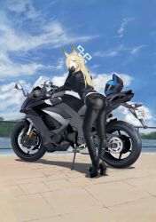  1girl animal_ear_fluff animal_ears ass biker_clothes bikesuit black_gloves black_pants blonde_hair blue_archive blue_eyes blue_halo blue_sky bodysuit breasts cloud cloudy_sky day dog_ears gloves hair_over_one_eye halo helmet highres kanna_(blue_archive) long_hair long_sleeves motor_vehicle motorcycle motorcycle_helmet on_motorcycle outdoors pants sky su-102 