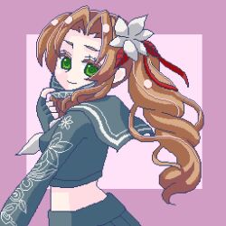  1girl aerith_gainsborough aerith_gainsborough_(midgard_seventh_high_school) bbbboour black_gloves black_mask black_sailor_collar black_shirt black_skirt breasts brown_hair closed_mouth crop_top delinquent final_fantasy final_fantasy_vii final_fantasy_vii_ever_crisis fingerless_gloves floral_print flower gloves green_eyes grey_neckerchief hair_flower hair_ornament hair_ribbon long_hair looking_at_viewer mask mask_pull medium_breasts midriff mouth_mask neckerchief official_alternate_costume parted_bangs pink_background pixel_art red_ribbon ribbon sailor_collar school_uniform shirt side_ponytail sidelocks skirt smile solo sukeban upper_body wavy_hair white_flower 