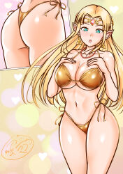  1girl absurdres bikini blonde_hair blue_eyes breasts circlet cleavage commentary_request commission cowboy_shot gold_bikini highleg highleg_bikini highres inset large_breasts long_hair mikan_ame_q multiple_views nintendo pixiv_commission pointy_ears princess_zelda side-tie_bikini_bottom signature super_smash_bros. swimsuit the_legend_of_zelda thong_bikini 
