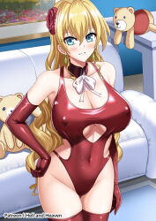  1girl artist_name blonde_hair blue_eyes blush breasts claire_harvey clothing_cutout collarbone commentary contrapposto couch covered_erect_nipples covered_navel earrings elbow_gloves flower gloves hair_between_eyes hair_flower hair_ornament hand_on_own_hip hellandheaven highleg highleg_one-piece_swimsuit highres hundred_(light_novel) indoors jewelry long_hair one-piece_swimsuit patreon_username red_flower red_gloves red_one-piece_swimsuit red_thighhighs smile solo standing stuffed_animal stuffed_toy swimsuit table teddy_bear thighhighs underboob underboob_cutout very_long_hair 