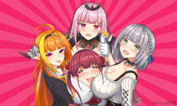 4girls ahoge alternate_costume blouse blunt_bangs blush bow braid breast_smother breasts cleavage cleavage_cutout clothing_cutout collared_shirt cooperative_breast_smother diagonal-striped_bow dragon_girl dragon_horns face_to_breasts green_eyes hair_between_eyes hairband hololive hololive_english horn_bow horn_ornament horns houshou_marine houshou_marine_(1st_costume) kina_(akina736) kiryu_coco kiryu_coco_(1st_costume) large_breasts long_hair looking_at_viewer mori_calliope multicolored_hair multiple_girls open_mouth orange_hair pink_eyes pink_hair pointy_ears red_eyes red_hair shirogane_noel shirogane_noel_(casual) shirt short_hair silver_hair smile spikes streaked_hair teamwork_(sexual) thumbs_up tiara twintails virtual_youtuber white_shirt rating:Sensitive score:36 user:danbooru