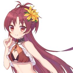  1girl bare_arms bikini black_bikini breasts cleavage closed_mouth floating_hair flower gem hair_flower hair_ornament jewelry long_hair looking_at_viewer mahou_shoujo_madoka_magica necklace red_eyes red_gemstone red_hair ruru_(rurumagi) sakura_kyoko simple_background small_breasts smile solo swimsuit upper_body very_long_hair white_background yellow_flower 