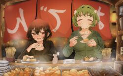  2girls :d :t black_hair black_jacket black_shirt blush bonnouji_momoha breasts bug butterfly casual chopsticks cleavage closed_eyes closed_mouth collarbone crossed_bangs eating elbow_on_table fang flower food green_hair green_hoodie hair_between_eyes hair_flower hair_ornament height_difference highres holding holding_chopsticks holding_plate hood hoodie insect jacket kimi_no_koto_ga_dai_dai_dai_dai_daisuki_na_100-nin_no_kanojo kusanochika lantern long_sleeves looking_at_another multiple_girls night noren nose_blush oden open_mouth plate plate_stack shirt short_bangs short_hair smile soy_sauce_bottle thick_eyebrows tofu white_butterfly white_shirt wolf_cut yasashiki_yamame 