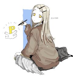  1boy 1girl alternate_costume bag blonde_hair blue_background brown_cardigan cardigan chibi chibi_inset closed_mouth from_behind full_body gakuen_idolmaster grey_leg_warmers hand_up holding holding_stylus idolmaster jaggy_lines jumping leebo_(leeboxxx) leg_warmers long_sleeves looking_at_viewer looking_back no_pupils no_shoes p-head_producer producer_(idolmaster) school_bag school_uniform shinosawa_hiro simple_background sitting stylus swept_bangs tabi translation_request two-tone_background unworn_bag wariza white_background yellow_eyes 