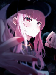  1girl absurdres black_hat blurry blush closed_mouth commentary depth_of_field english_commentary fingernails frown hat highres hiroikara_(smhong04) holding holding_microphone hololive hololive_english jewelry long_hair looking_at_viewer microphone mori_calliope mori_calliope_(streetwear) nail_polish necklace official_alternate_costume official_alternate_hairstyle pink_eyes pink_hair pink_nails solo virtual_youtuber 