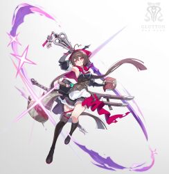  1girl absurdres bare_shoulders black_boots black_gloves boots brown_hair elbow_gloves fingerless_gloves gloves highres knee_boots looking_at_viewer nabezuru original red_eyes single_knee_boot single_thigh_boot solo thigh_boots thighs twintails 