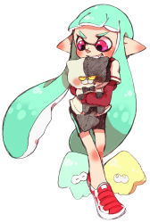 1girl absurdres bike_shorts bow bowtie fangs highres inkling inkling_girl inkling_player_character judd_(splatoon) loli long_hair nintendo pointy_ears simple_background splatoon_(series) splatoon_1 squid stuffed_animal stuffed_toy tentacle_hair yuki_usa111