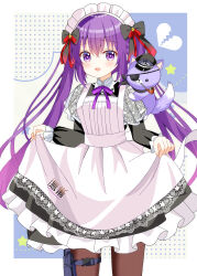  1girl absurdres animal apron black_bow black_dress black_hat blue_background bow broken_heart brown_pantyhose cat commentary_request dress eyepatch frilled_sleeves frills gochuumon_wa_usagi_desu_ka? grey_background hat heart highres holster juliet_sleeves long_hair long_sleeves looking_at_viewer maid maid_apron maid_headdress mouth_hold pantyhose peaked_cap puffy_sleeves purple_eyes purple_hair ryoutan skirt_hold sleeves_past_wrists smoking_pipe solo star_(symbol) tedeza_rize thigh_holster twintails two-tone_background very_long_hair white_apron 