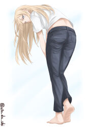  1girl absurdres alternate_costume atodashi barefoot bent_over bismarck_(kancolle) blonde_hair blue_eyes casual closed_mouth commentary_request denim from_behind heel_up highres jeans kantai_collection long_hair midriff pants shirt simple_background solo twitter_username white_shirt 
