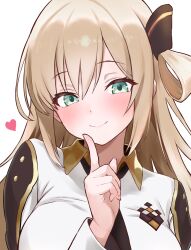  1girl absurdres bamboo_tac blonde_hair blush breasts closed_mouth duel_monster finger_to_own_chin green_eyes hair_between_eyes hair_ornament heart highres index_finger_raised large_breasts looking_at_viewer simple_background sky_striker_ace_-_raye smile solo white_background yu-gi-oh! 