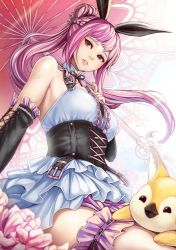  1girl animal animal_ears braid breasts character_request copyright_request detached_sleeves fake_animal_ears female_focus french_braid frilled_thigh_strap from_below gothic_lolita highres light_purple_hair lips lolita_fashion long_hair looking_to_the_side rabbit_ears red_eyes sitting solo sunimu thigh_strap underwear 