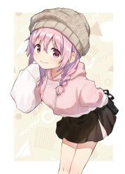  1girl alternate_costume alternate_hairstyle arm_behind_back asukaru_(magika_ru) bag bare_legs beanie bent_over black_bag border braid brown_skirt cable_knit circle closed_mouth commentary_request cowboy_shot dated drawstring hair_behind_ear hair_between_eyes halftone halftone_background hand_to_own_mouth hand_up happy hat highres holding holding_bag hood hood_down hoodie kaname_madoka legs_together light_blush long_sleeves looking_at_viewer looking_up low_twin_braids mahou_shoujo_madoka_magica mahou_shoujo_madoka_magica_(anime) pink_eyes pink_hoodie polka_dot polka_dot_background polka_dot_skirt revision ribbon_print school_bag shoulder_bag side_slit sidelocks signature simple_background skirt sleeves_past_fingers sleeves_past_wrists smile solo striped_background tareme triangle twin_braids white_border yellow_background 