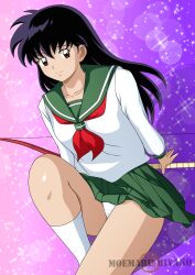 1girl artist_name black_hair bow_(weapon) brown_eyes closed_mouth collarbone green_sailor_collar green_skirt highres higurashi_kagome holding holding_bow_(weapon) holding_weapon inuyasha long_hair long_sleeves looking_at_viewer miniskirt moemaru_miyako neckerchief panties pantyshot pink_background pleated_skirt red_neckerchief retro_artstyle sailor_collar school_uniform serafuku shirt sitting skirt smile socks solo sparkle sparkle_background sword thighs underwear watermark weapon white_panties white_shirt white_socks