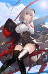 1girl absurdres adapted_turret azur_lane belt black_hat black_skirt boots braid breast_pocket breasts cannon cloud cloudy_sky corset cowboy_shot cross day drill_hair drill_sidelocks grey_hair hat highlander_z highres holding holding_toy iron_cross large_breasts leather leather_boots long_hair luetzow_(azur_lane) machinery mini_hat nail_polish non-humanoid_robot ocean pocket red_nails robot robot_dragon ship_turret shirt sidelocks skirt sky stuffed_animal stuffed_shark stuffed_toy sun sunlight thigh_boots thighhighs toy water whale white_shirt rating:General score:19 user:danbooru