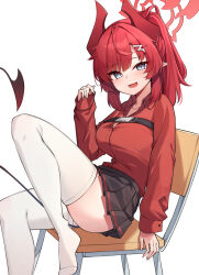 1girl absurdres ass between_legs black_skirt blue_archive blue_eyes breasts chair chest_belt collared_shirt demon_horns demon_tail highres horns knee_up large_breasts long_hair long_sleeves looking_at_viewer megu_(blue_archive) miniskirt no_shoes open_mouth pleated_skirt ponytail red_hair red_shirt shirt shirt_tucked_in sitting skirt smile solo tail tail_between_legs thighhighs thighs white_thighhighs ziro_(zirorong) rating:Sensitive score:19 user:danbooru