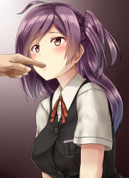 10s 1boy 1girl ahoge blouse blush breasts brown_eyes finger_in_another&#039;s_mouth finger_sucking hagikaze_(kancolle) highres kamelie kantai_collection lips long_hair neck_ribbon out_of_frame pink_background purple_hair red_ribbon ribbon saliva school_uniform shirt short_sleeves side_ponytail vest white_shirt rating:Sensitive score:14 user:danbooru