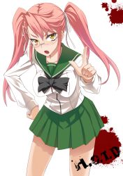 1girl breasts fang female_focus glasses hand_on_own_hip highschool_of_the_dead hip_focus large_breasts looking_at_viewer open_mouth pink_hair pleated_skirt prime_(prime_tw) school_uniform serafuku skirt solo takagi_saya twintails yellow_eyes rating:Sensitive score:47 user:danbooru