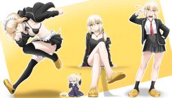  4girls :o absurdres alternate_costume alterworshiper apron artoria_pendragon_(fate) bikini bikini_top_only black_bikini black_choker black_dress black_jacket black_shorts black_skirt black_socks black_thighhighs blonde_hair chibi choker commentary crocs crossed_legs dress english_commentary fate/grand_order fate_(series) full_body hand_in_pocket highres jacket jewelry maid_headdress mini_person minigirl miniskirt multiple_girls navel necklace necktie official_alternate_costume open_clothes open_jacket pleated_skirt pocket red_necktie saber_alter saber_alter_(swimsuit_rider) saber_alter_(swimsuit_rider)_(second_ascension) saber_alter_(third_ascension) saber_alter_(ver._shinjuku_1999) school_uniform shadow shirt shoes shorts sitting size_difference skirt socks swimsuit thighhighs waist_apron white_apron white_shirt yellow_eyes yellow_shoes 