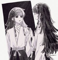  1boy 1other alluka_zoldyck different_reflection greyscale hairband hollow_eyes hollow_mouth hunter_x_hunter long_hair long_sleeves looking_at_mirror male_focus mirror monochrome nanika_(hunter_x_hunter) reflection upper_body zzpencil  rating:General score:2 user:danbooru