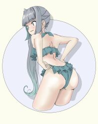  1girl adjusting_clothes adjusting_swimsuit ass bikini bikini_skirt blush brown_eyes chakoru collarbone cowboy_shot frilled_bikini frills green_bikini grey_hair hair_ribbon highres kantai_collection kasumi_(kancolle) kasumi_kai_ni_(kancolle) kasumi_kai_ni_(swimsuit)_(kancolle) long_hair looking_at_viewer navel purple_background ribbon side_ponytail solo swimsuit yellow_background yellow_eyes 