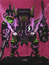  assault_rifle cradle_coffin fire full_body gas_mask gun gyoubu_ippei high_contrast highres holding holding_gun holding_weapon john_gasmaker joints lightning_bolt_symbol mask mecha no_humans pink_fire rifle robot robot_joints signature standing sword synduality synduality_noir walker_(robot) weapon  rating:General score:3 user:danbooru