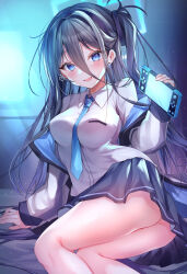 1girl :d absurdly_long_hair absurdres aged_up aris_(blue_archive) arm_support ass bed bed_sheet black_hair black_skirt blue_archive blue_eyes blue_necktie collared_shirt commentary_request hair_between_eyes halo handheld_game_console highres holding holding_handheld_game_console jacket long_hair long_sleeves looking_at_viewer multicolored_jacket necktie nenobi_(nenorium) one_side_up open_clothes open_jacket open_mouth pleated_skirt school_uniform shirt sidelocks sitting skirt smile solo twisted_torso two-tone_jacket very_long_hair white_shirt rating:Sensitive score:18 user:danbooru
