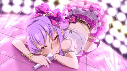 1girl agejo_gyaru back backlighting bad_id bad_pixiv_id bow female_focus fingernails frilled_skirt frills gold_trim gyaru hair_bow hair_intakes half-closed_eyes highres idol idolmaster idolmaster_cinderella_girls jewelry koshimizu_sachiko koyama_mai light_purple_hair looking_at_viewer midriff miniskirt nail_polish pink_theme purple_nails short_hair skirt smirk solo sparkle stage stage_lights top-down_bottom-up rating:Sensitive score:15 user:danbooru