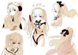  1girl :/ angry animal_costume animal_ears bare_shoulders bell black_bow blue_bow blue_bowtie blue_ribbon blush bow bowtie breasts cat_costume cat_ears clenched_teeth closed_mouth commentary_request cosplay cowboy_shot fake_animal_ears floating_hair frown hair_between_eyes hair_bow hair_intakes hair_ornament half_updo hands_up holding_table_tennis_paddle hood hood_up jingle_bell kigurumi limited_palette long_hair looking_ahead looking_at_viewer looking_down multiple_views naked_ribbon navel neck_bell neck_ribbon official_alternate_costume own_hands_together puffy_short_sleeves puffy_sleeves ribbon sailor_collar school_uniform serafuku shirt short_sleeves simple_background small_breasts summer_pockets summer_pockets_school_uniform tagame_(tagamecat) teeth translation_request tsumugi_wenders twintails upper_body v-shaped_eyebrows white_background white_sailor_collar white_shirt x_hair_ornament 