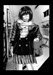  1girl :p bag black_border border coat hachinuki_tetsuyo highres jimiko jitome mob_face moire original outdoors pleated_skirt scarf school_bag she_(hachinuki_tetsuyo) short_hair skirt solo tongue tongue_out 
