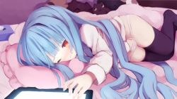  1girl blue_hair blush female_focus female_masturbation hand_in_panties highres long_hair lying masturbation munipoyo on_side one_eye_closed panties solo tablet_pc underwear 