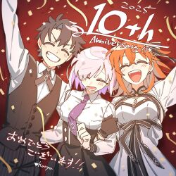  1boy 2girls anniversary black_bolo_tie black_gloves black_hair black_skirt black_vest buttons celebration chaldea_logo closed_eyes collared_shirt collared_shrug confetti dress earrings fate/grand_order fate_(series) fujimaru_ritsuka_(female)_(fgo_fes._2025) fujimaru_ritsuka_(male)_(fgo_fes._2025) gloves grin hair_ornament happy_anniversary high-waist_skirt horizontal-striped_sleeve_cuffs jewelry kanya_(asa_yake01) long_sleeves mash_kyrielight mash_kyrielight_(fgo_fes._2025) multiple_girls necklace necktie open_mouth orange_hair pants pinstripe_pants pinstripe_pattern purple_hair purple_necktie see-through_clothes see-through_sleeves shirt shrug_(clothing) skirt smile star_(symbol) star_hair_ornament unbuttoned_jacket vest white_dress white_shrug 