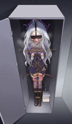 1girl arms_behind_back artist_request ball_gag bdsm blindfold blue_archive blush boots breasts condom forced_orgasm gag girl_in_container hair_ornament highres hina_(blue_archive) knee_boots lactation locker long_hair milking_machine nippleless_clothes remote_control_vibrator saliva sex_toy shibari shibari_over_clothes short_shorts shorts small_breasts solo standing thighhighs used_condom vibrator wiffle_gag