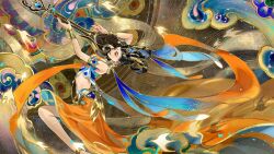  1girl asian bare_legs barefoot bird black_eyes black_hair blue_shirt bracer brown_background character_request closed_mouth copyright_request crop_top eyelashes facial_mark feet_out_of_frame forehead forehead_mark gold_anklet gold_armlet hair_ornament hair_rings half-closed_eyes holding holding_instrument instrument instrument_request knee_up leaning_back lipstick long_skirt makeup midriff music nail_polish orange_shirt orange_skirt petals pink_lips playing_instrument red_nails shirt short_hair skirt solo swallow_(bird) thick_eyebrows two-tone_shirt updo ye_dian_pikaqiu 