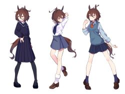  1girl :&lt; agnes_tachyon_(umamusume) ahoge alternate_costume animal_ears ankle_socks arms_up bare_legs black_shoes blue_necktie blue_sailor_collar blue_shirt blue_skirt blue_socks brown_hair brown_shoes brown_tail collared_shirt commentary_request full_body grey_pantyhose grey_skirt grey_sweater_vest hand_on_own_hip highres horse_ears horse_girl horse_tail loafers long_sleeves looking_at_viewer looking_to_the_side loose_socks mary_janes medium_hair medium_skirt miniskirt multiple_views necktie pantyhose puffy_long_sleeves puffy_sleeves red_eyes red_necktie sailor_collar school_uniform shirt shoes short_necktie sidelocks simple_background skirt sleeves_rolled_up socks standing sweater_vest tail tenagaebi umamusume white_background white_shirt white_socks 