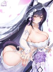  1girl absurdres alice_vu animal_ear_fluff animal_ears ass ass_cutout azur_lane bare_shoulders black_hair blush bouquet breasts bridal_gauntlets bridal_veil bride butt_crack closed_mouth clothing_cutout commentary dress ears_through_headwear facial_mark fingernails flower fox_ears fox_girl fox_tail from_side highres jewelry large_breasts long_hair looking_at_viewer musashi_(azur_lane) musashi_(purest_wisteria)_(azur_lane) official_alternate_costume pink_nails purple_flower purple_rose ring rose see-through_clothes see-through_dress sideboob sideless_dress smile solo tail veil very_long_hair wedding_dress wedding_ring whisker_markings white_bridal_gauntlets white_dress yellow_eyes  rating:Questionable score:16 user:danbooru