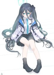 1girl absurdres aqua_halo aris_(blue_archive) black_hair black_hairband black_skirt black_socks blue_archive blue_eyes blue_halo blue_necktie closed_mouth commentary hair_between_eyes hairband halo highres jacket legs long_hair long_hair_between_eyes long_sleeves looking_at_viewer necktie open_clothes open_jacket rectangular_halo shirt side_ponytail sitting skirt socks solo tachibana_shiori_(suica_112) very_long_hair white_jacket white_shirt rating:General score:4 user:danbooru