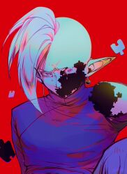 1boy absurdres bad_id bad_twitter_id colored_skin crying dragon_ball dragon_ball_super earrings green_skin grey_eyes highres jewelry long_sleeves looking_down mohawk obscured_face pointy_ears potara_earrings purple_shirt puzzle_piece sffuju shirt short_hair solo surreal white_hair zamasu