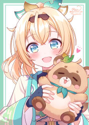  1girl animal aqua_eyes artist_name blonde_hair border fingerless_gloves gloves green_border haori heart highres holding holding_animal hololive holox japanese_clothes kazama_iroha kazama_iroha_(1st_costume) leaf maruyama_en pokobee ponytail signature tanuki twitter_username virtual_youtuber 