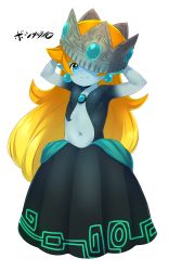  1girl absurdres armpits arms_up artist_name black_dress blue_eyes born-to-die colored_sclera crown dress earrings fang female_focus full_body fusion highres jewelry long_hair looking_at_viewer mario_(series) midna navel nintendo orange_hair pointy_ears princess_peach signature smile solo super_mario_bros._1 teeth text_focus the_legend_of_zelda the_legend_of_zelda:_twilight_princess topless_female translated transparent_background watermark yellow_sclera  rating:Sensitive score:57 user:AngryZapdos
