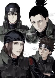  ... 4boys black_eyes black_hair brown_eyes brown_hair character_request cigarette commentary_request flak_jacket forehead_protector green_jacket high_ponytail highres jacket konohagakure_shinobi_uniform konohagakure_symbol korean_commentary looking_at_viewer male_focus multiple_boys nara_shikamaru naruto_(series) ponytail scar scar_on_face short_hair smoke smoke_trail smoking speech_bubble sso_s white_background 