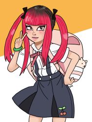  1girl 2025 artist_name black_skirt child cosplay eyzmaster flat_chest freckles green_wrist_cuffs hachikuji_mayoi_(cosplay) highres monogatari_(series) mtndwr pink_bag shirt skirt solo twintails v white_background white_shirt wrist_cuffs wristband yewki yuwki ywuukii  rating:General score:1 user:tyciol