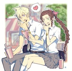 1boy 1girl aerith_gainsborough akatsuki_jam alternate_costume black_background blonde_hair blurry blurry_background blush border bracelet braid braided_ponytail breasts brown_hair cloud_strife collared_shirt couple cup disposable_cup drinking_straw earrings feet_out_of_frame final_fantasy final_fantasy_vii flower flower_bracelet food food_on_face green_eyes grey_necktie grey_pants grey_skirt hair_between_eyes hair_ribbon hetero holding holding_food jewelry lily_(flower) long_hair matching_accessory medium_breasts necktie pants parted_bangs pink_ribbon pleated_skirt ribbon school_uniform shirt short_hair sidelocks single_braid single_earring sitting skirt socks spiked_hair striped_necktie tongue tongue_out white_border white_shirt white_socks 