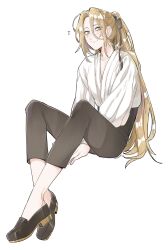  1boy arms_between_legs artist_name black_pants black_ribbon black_shoes blonde_hair closed_mouth commentary dated fate/grand_order fate_(series) full_body ginkun green_eyes hair_between_eyes hair_ribbon high-waist_pants highres invisible_chair knees_apart_feet_together knees_up loafers long_hair long_sleeves looking_at_viewer male_focus musical_note pants ponytail puffy_sleeves ribbon shirt shoes simple_background sitting smile solo very_long_hair white_background white_shirt wolfgang_amadeus_mozart_(fate) 