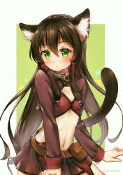  1girl animal_ear_fluff animal_ears belt belt_pouch brown_belt brown_hair cat_ears cat_girl cat_tail clip_studio_paint_(medium) collar commentary_request expressionless female_focus fingernails flat_chest green_background green_eyes hair_between_eyes isekai_maou_to_shoukan_shoujo_no_dorei_majutsu long_hair long_sleeves looking_at_viewer metal_collar navel o-ring_collar parted_lips pouch purple_skirt rem_galeu rem_galleu simple_background skirt solo stomach tail tokoshibyra twitter_username 