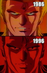  1980s_(style) 1986 1990s_(style) 1996 1boy blonde_hair comparison evil_smile facing_viewer highres m.d._geist male_focus mds-02_geist ohata_koichi oldschool retro_artstyle screencap smile soldier 