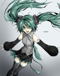 1girl :d absurdres aqua_eyes aqua_hair aqua_nails aqua_necktie aqua_trim bare_shoulders belt black_skirt black_thighhighs detached_sleeves grey_shirt hair_flowing_over hair_ornament hatsune_miku highres long_hair nail_polish necktie open_mouth shirt shoulder_tattoo simple_background skirt smile solo tattoo thighhighs twintails vocaloid yukiloid zettai_ryouiki 
