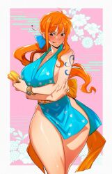  1girl bangle blue_bow blue_kimono border bow bracelet breasts cleavage collarbone floral_print floral_print_kimono gold hair_bow highres japanese_clothes jewelry kimono kukumomo large_breasts log_pose nami_(one_piece) nami_(one_piece)_(wano) official_alternate_costume one_piece orange_hair outside_border ponytail print_kimono shiny_skin short_kimono shoulder_tattoo side_slit sleeveless sleeveless_kimono smile smirk solo tattoo thighs white_border 