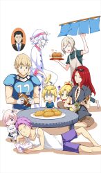  3girls 5boys age_difference aged_down agravain_(fate) ahoge american_football_(object) american_football_uniform apron artoria_pendragon_(fate) artoria_pendragon_(lancer)_(fate) ball bare_arms bare_legs bedivere_(fate) black_shirt blonde_hair boned_meat book braid bread brown_apron brown_shorts chest_tattoo child circlet closed_eyes closed_mouth commentary creature double-parted_hair excalibur_(fate/stay_night) expressionless eyewear_on_head family fate/grand_order fate_(series) food fou_(fate) gawain_(fate) gloves green_eyes green_shirt grey_hair hair_ornament hair_over_one_eye haruno_tomoya hat holding holding_book holding_creature holding_instrument holding_pillow holding_plate instrument lancelot_(fate/grand_order) long_hair long_sleeves looking_at_another low_twintails lying mash_kyrielight meat merlin_(fate) mordred_(fate) multiple_boys multiple_girls music nasu_kinoko nightcap official_alternate_costume official_art on_side one_side_up open_mouth pajamas pants parody_request photo_(object) pillow pink_hair plate playing_instrument ponytail purple_eyes purple_hair purple_shorts reading red_hair red_scrunchie round_table scrunchie shirt short_hair short_sleeves shorts simple_background sitting smile sportswear squeans sunglasses table tattoo teeth third-party_source tristan_(fate) twintails type-moon ukulele v-shaped_eyebrows white_background white_gloves white_hair white_pants white_shirt 