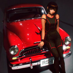1girl black_hair black_legwear brown_hair car choker cowboy_shot female_focus gradient_background ilya_kuvshinov leaning lips motor_vehicle neon_trim nose on_car original red_eyes revision short_hair sleeveless smile solo strap_slip toyota unitard vehicle_focus wristband rating:Sensitive score:21 user:danbooru