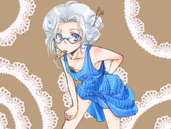  1girl arm_behind_back blue-framed_eyewear blue_dress blue_eyes blush body_blush breasts brown_background censored chocolate_chip_cookie collarbone cookie cookie_clicker curly_hair downblouse dress eating eyewear_strap female_focus food glasses grandma_(cookie_clicker) grey_hair hair_ornament hairpin hand_on_own_knee lace_background leaning_forward legs_apart mouth_hold no_bra nono_(artist) novelty_censor old old_woman parted_bangs pasties short_hair simple_background sleeveless sleeveless_dress small_breasts solo standing striped_clothes striped_dress test&#039;  rating:Questionable score:25 user:Jerl